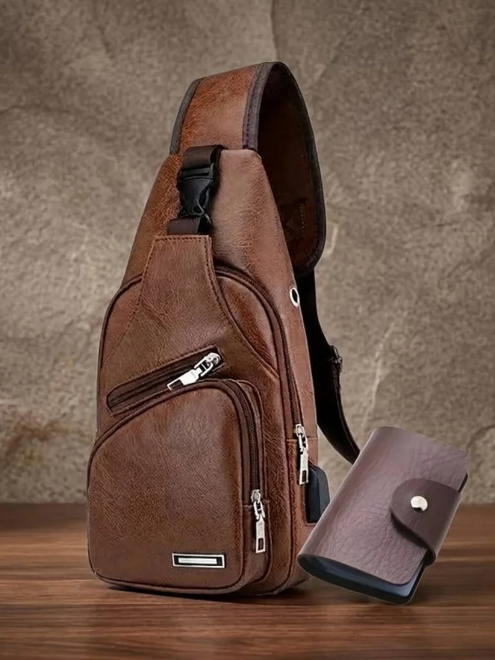 Men's Synthetic Leather Sling Bag with Card Holder Wallet Set